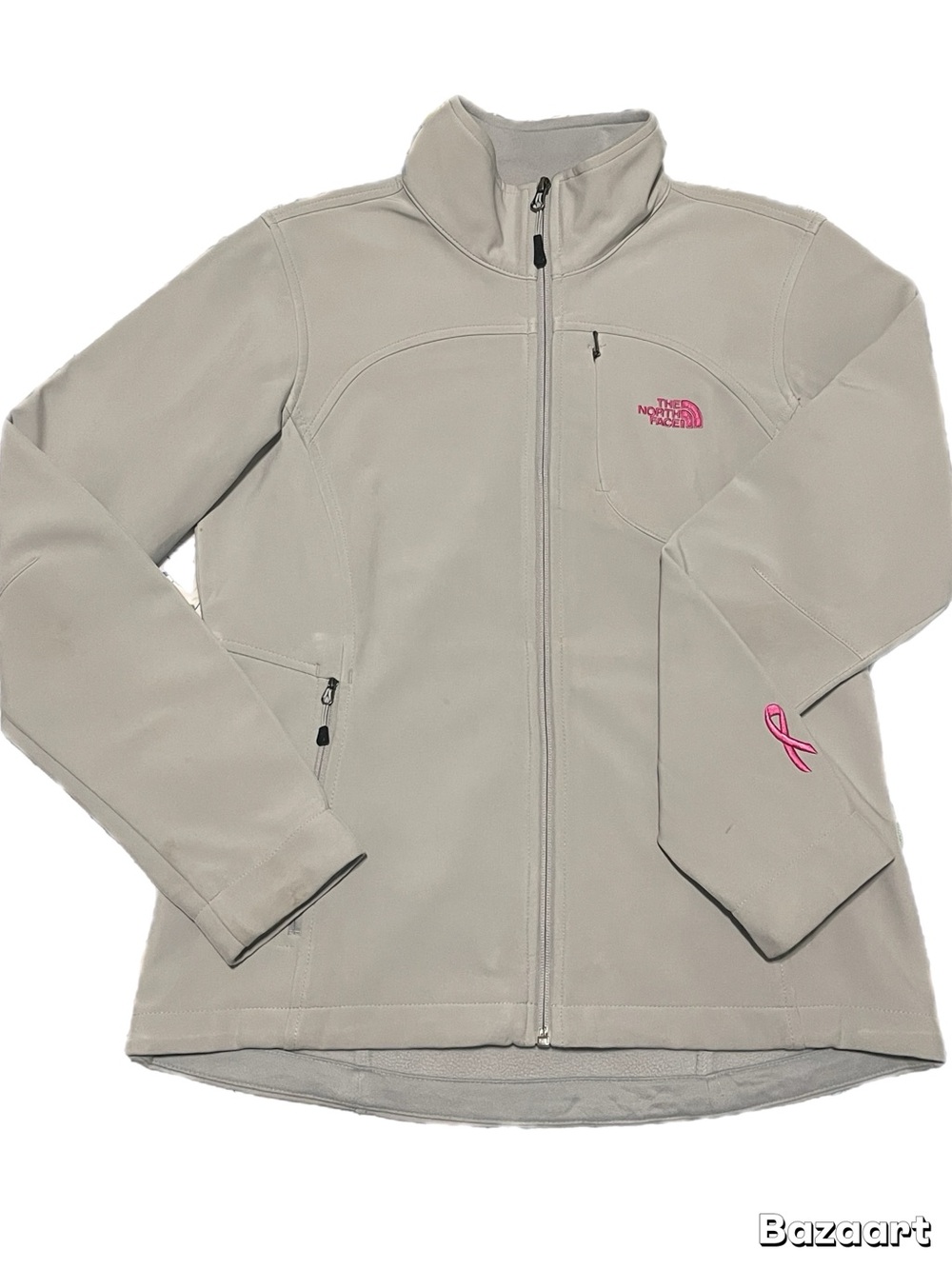 The North Face Women's Beige Softshell Jacket with Pink Ribbon